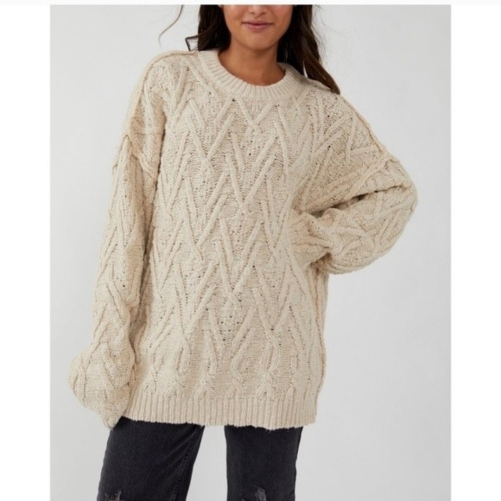 Free People Isla Cable Pullover Sweater Large Ivory